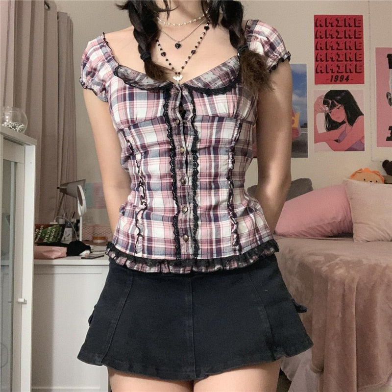 Kawaii Y2K Aesthetic Pink Plaid Fitted Button-Up Shirt for Cute Outfits and Grunge Style