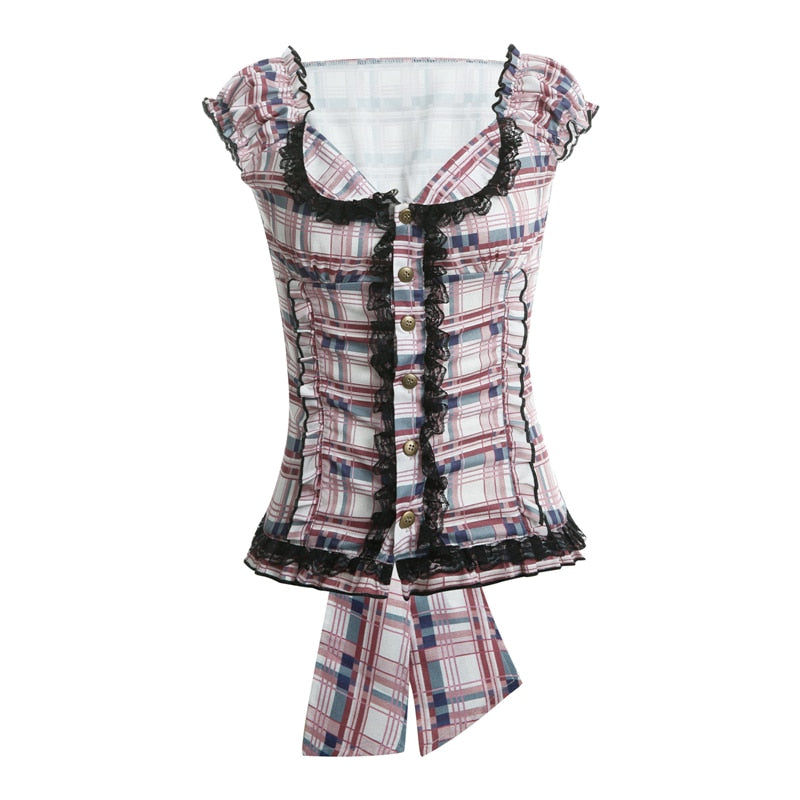 Kawaii Y2K Aesthetic Pink Plaid Fitted Button-Up Shirt for Cute Outfits and Grunge Style