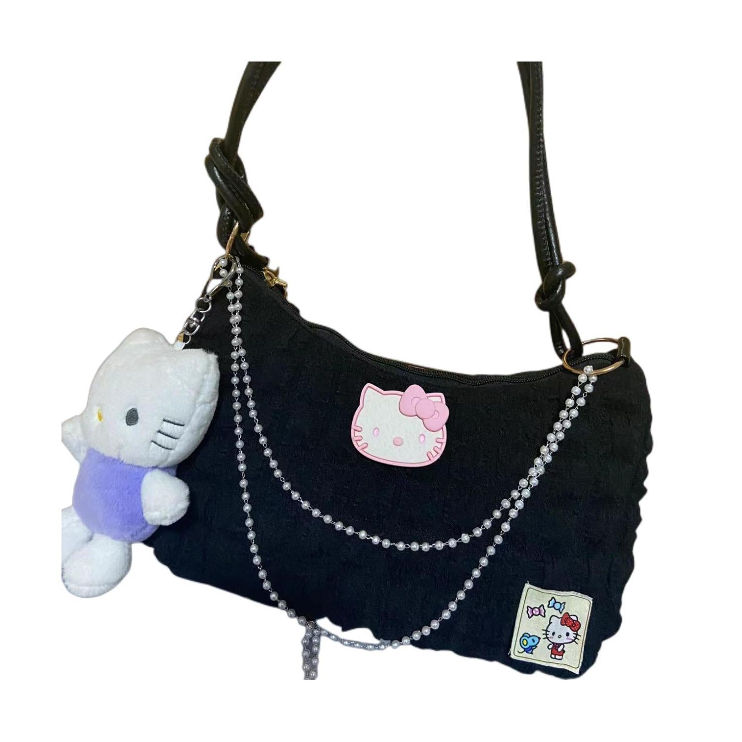 Kawaii Y2K Aesthetic Plush Charm Shoulder Bag with Popcorn Fabric - Hello Kitty Design