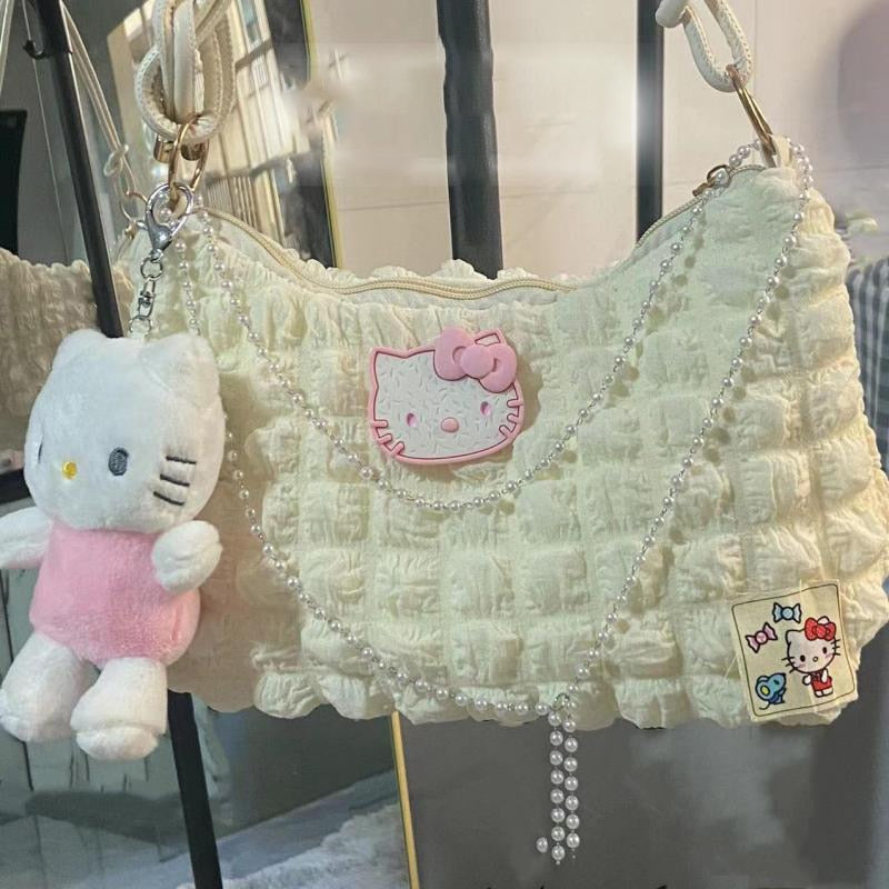 Kawaii Y2K Aesthetic Plush Charm Shoulder Bag with Popcorn Fabric - Hello Kitty Design