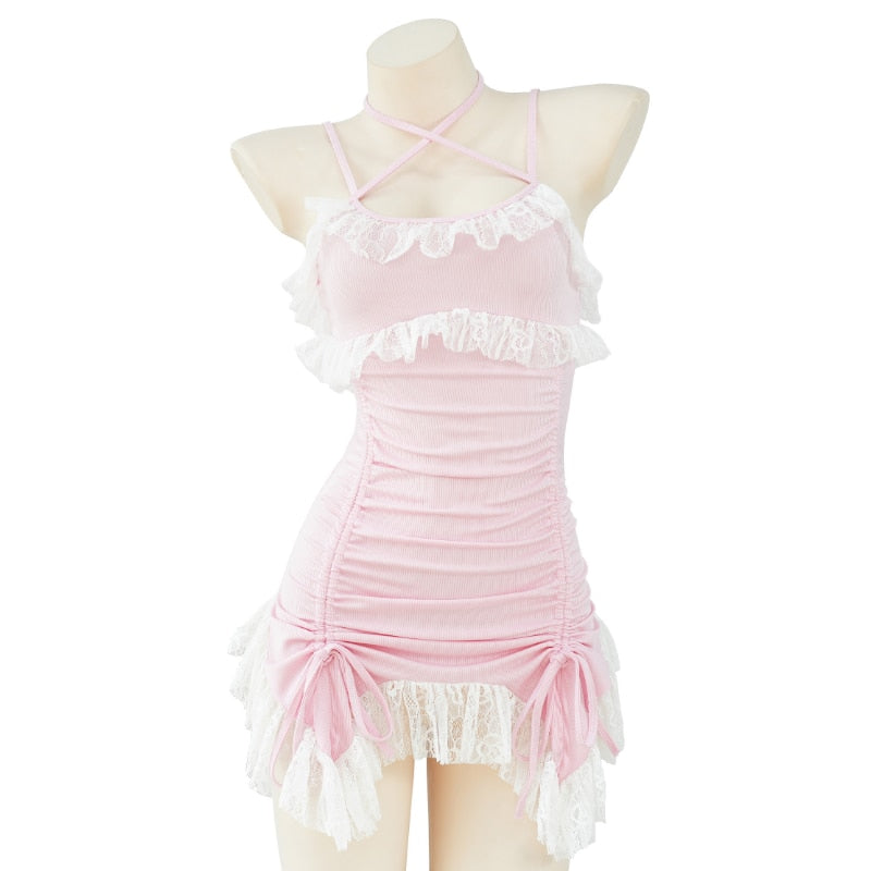 Kawaii Y2K Baby Pink Ruched Dress - Cute Coquette Aesthetic Fashion for Trendy Outfits