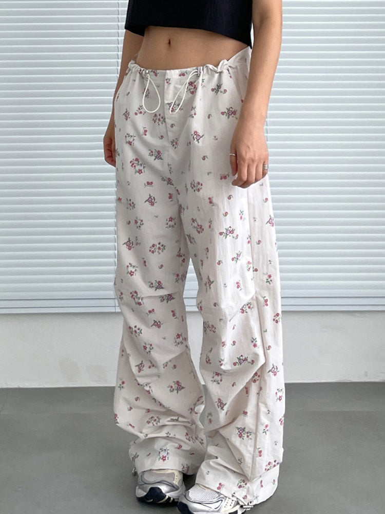 Kawaii Y2K Floral Baggy Cargo Trousers - Harajuku Aesthetic Parachute Pants for Trendy Looks