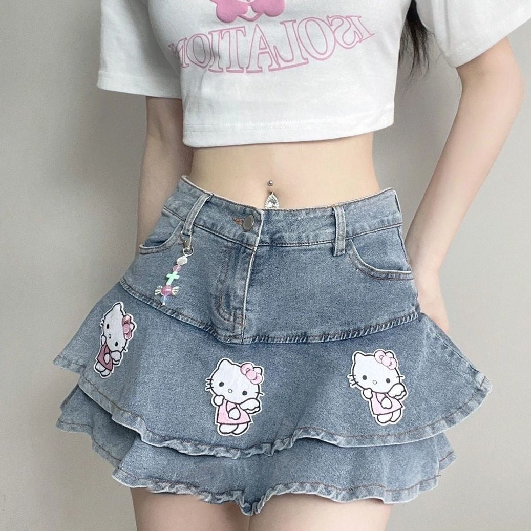 Kawaii Y2K Hello Kitty Denim Mini Skirt - Harajuku Aesthetic Cute Fashion Statement