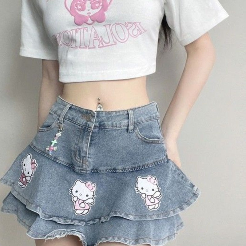 Kawaii Y2K Hello Kitty Denim Mini Skirt - Harajuku Aesthetic Cute Fashion Statement