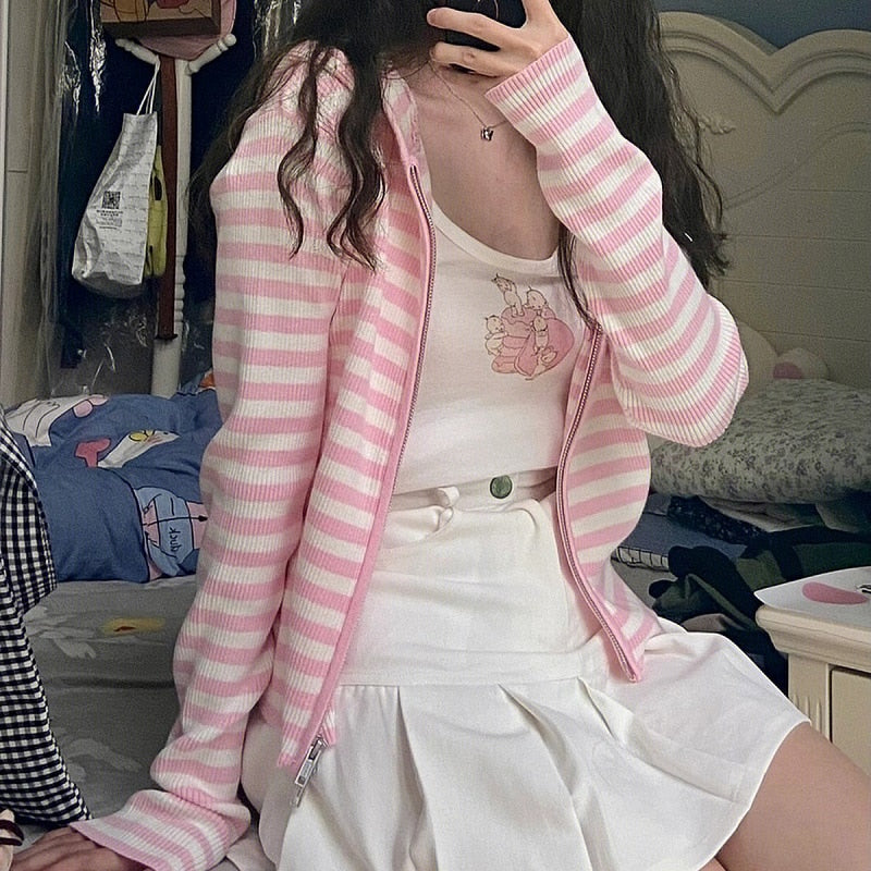 Kawaii Y2K Pink Striped Hoodie Cardigan for Coquette Aesthetic and Cute Outfits