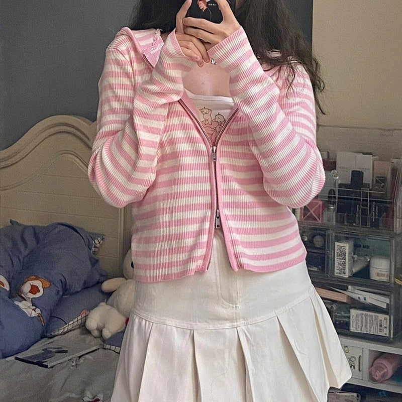 Kawaii Y2K Pink Striped Hoodie Cardigan for Coquette Aesthetic and Cute Outfits