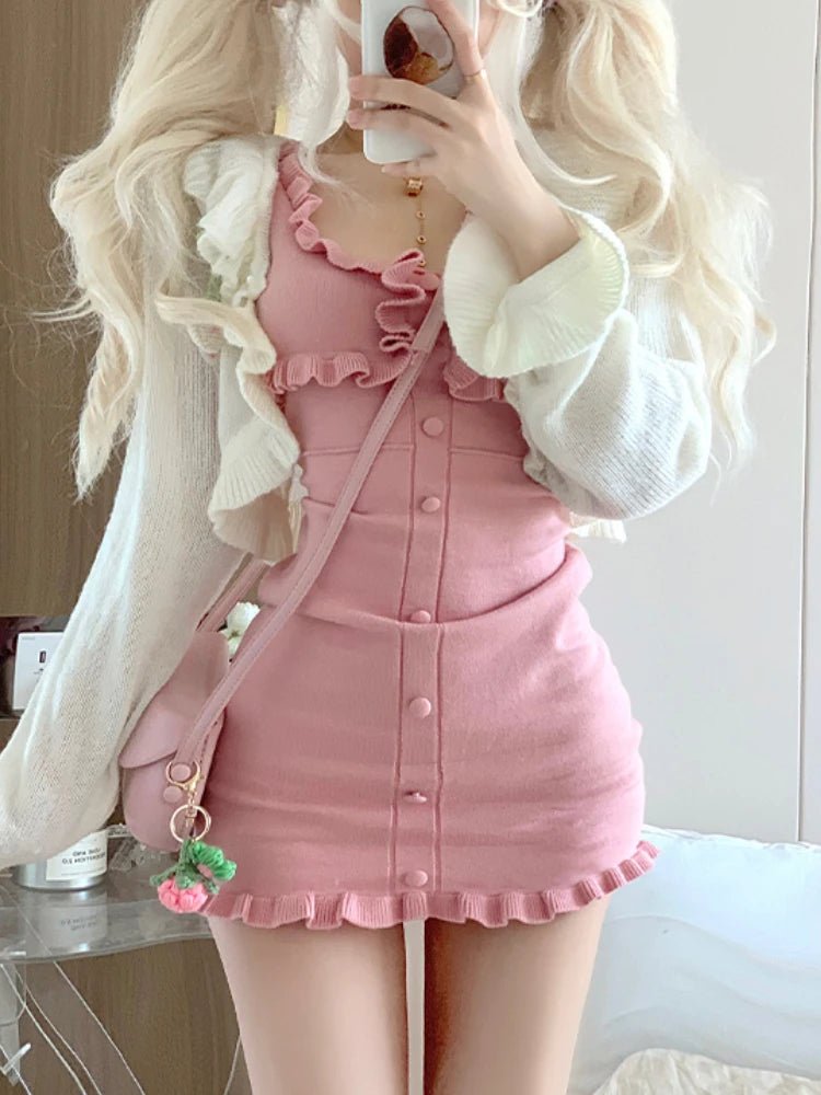 Kawaii Y2K Two-Piece Knit Dress Set for Cute Aesthetic Outfits and Cozy Style