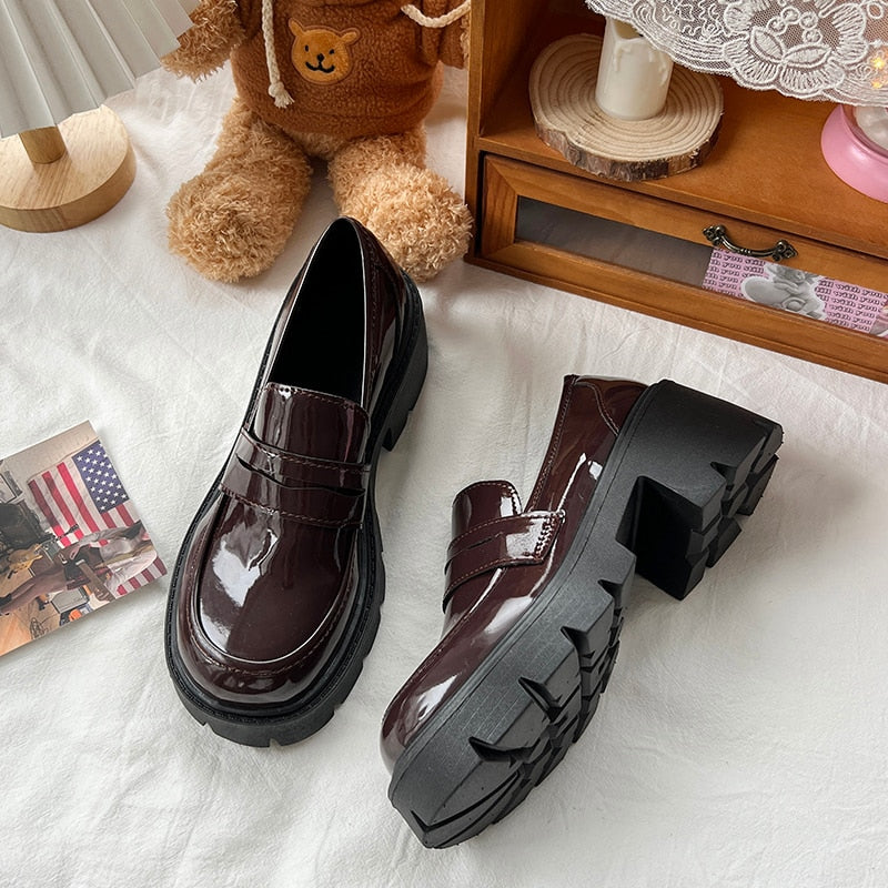 Korean Aesthetic Dark Academia Chunky Platform Loafers for Y2K and Grunge Style Outfits