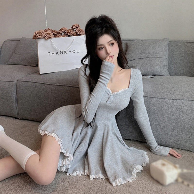 Korean Aesthetic Soft Girl Kpop Sweetheart Neckline Long Sleeve Y2K Rib Knit Dress