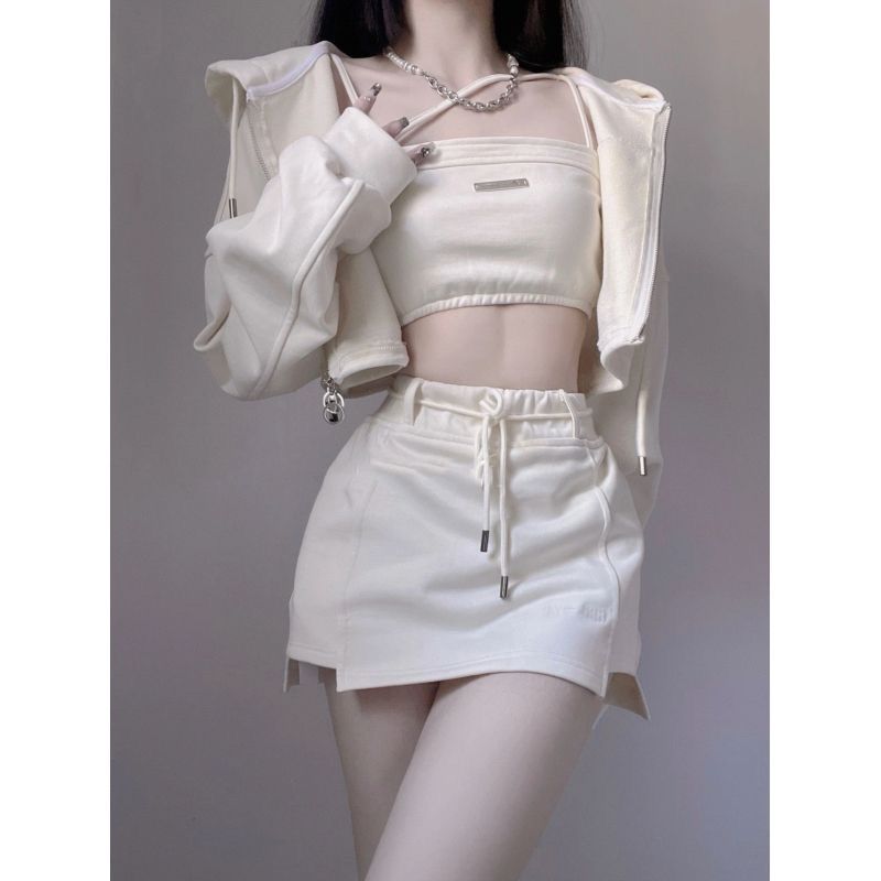 Korean Aesthetic Y2K Three Piece Set: Cute Crop Top, Cargo Skirt & Comfy Hoodie