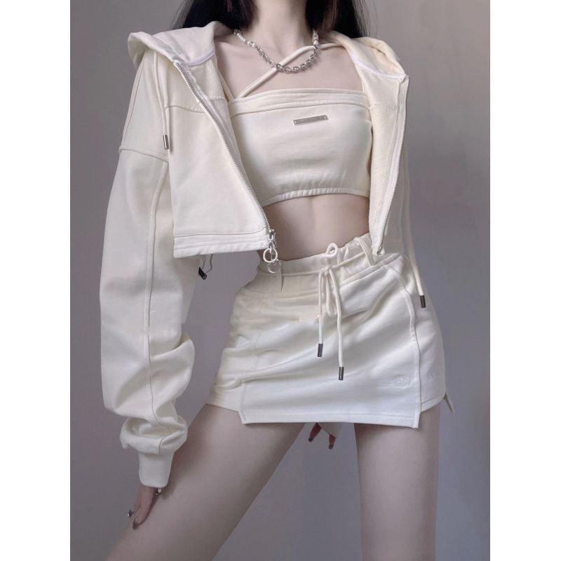 Korean Aesthetic Y2K Three Piece Set: Cute Crop Top, Cargo Skirt & Comfy Hoodie