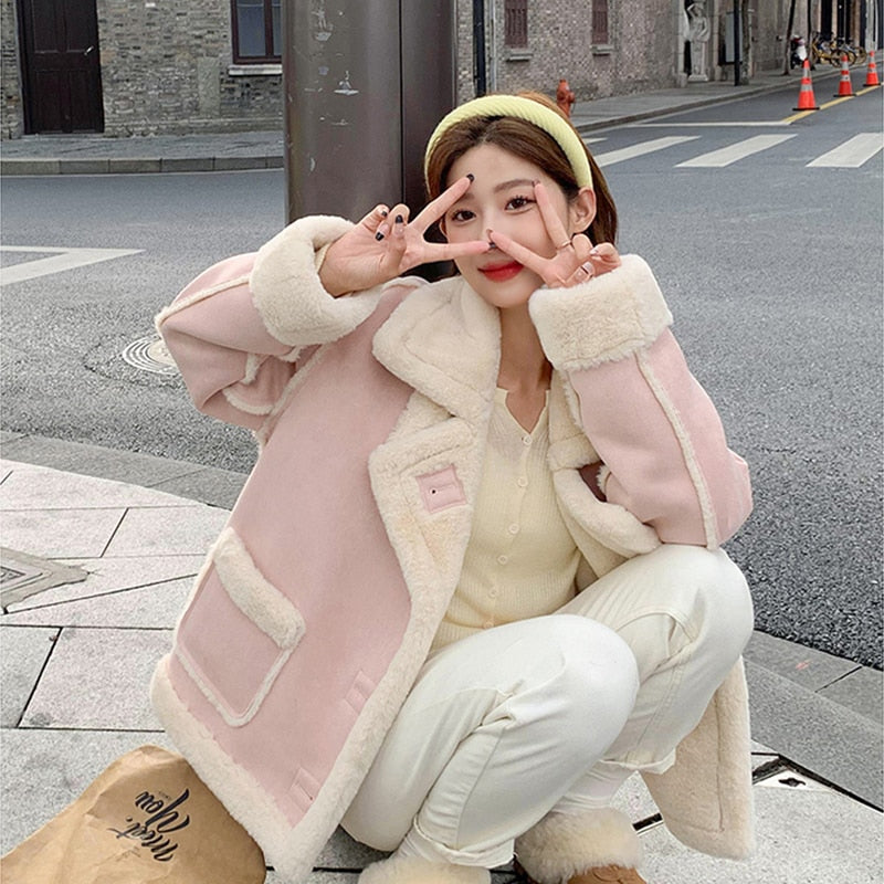 Korean Coquette Aesthetic Pink Shearling Winter Jacket for Y2K Fashion Lovers