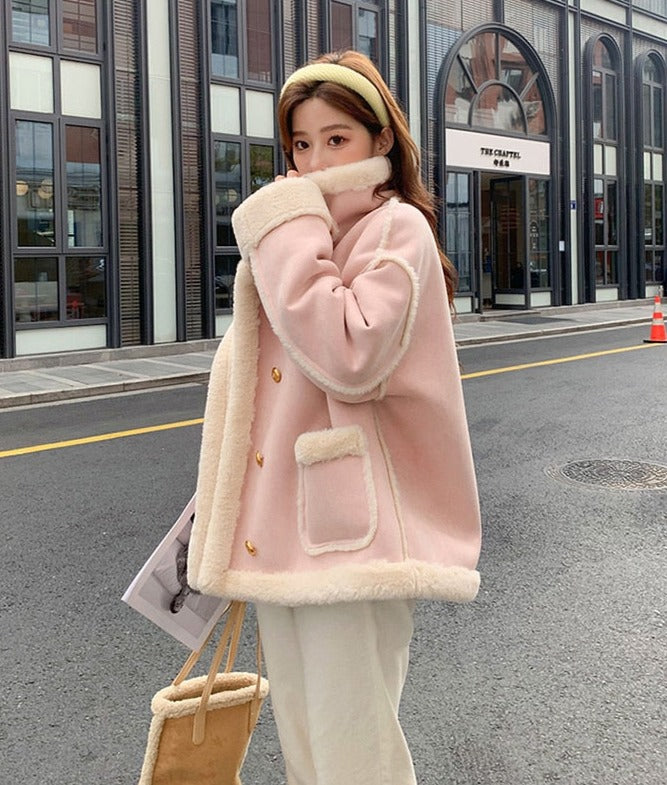 Korean Coquette Aesthetic Pink Shearling Winter Jacket for Y2K Fashion Lovers