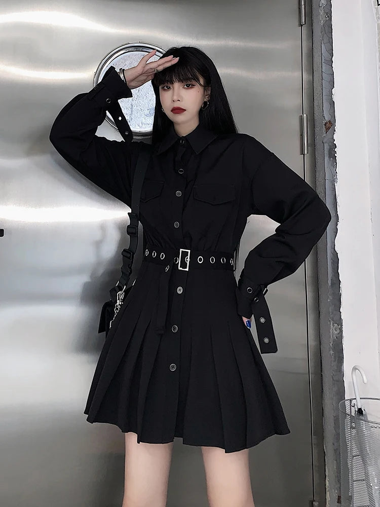 Korean Gothic Pleated Dress: Y2K Aesthetic with Grunge Style and Coquette Flair