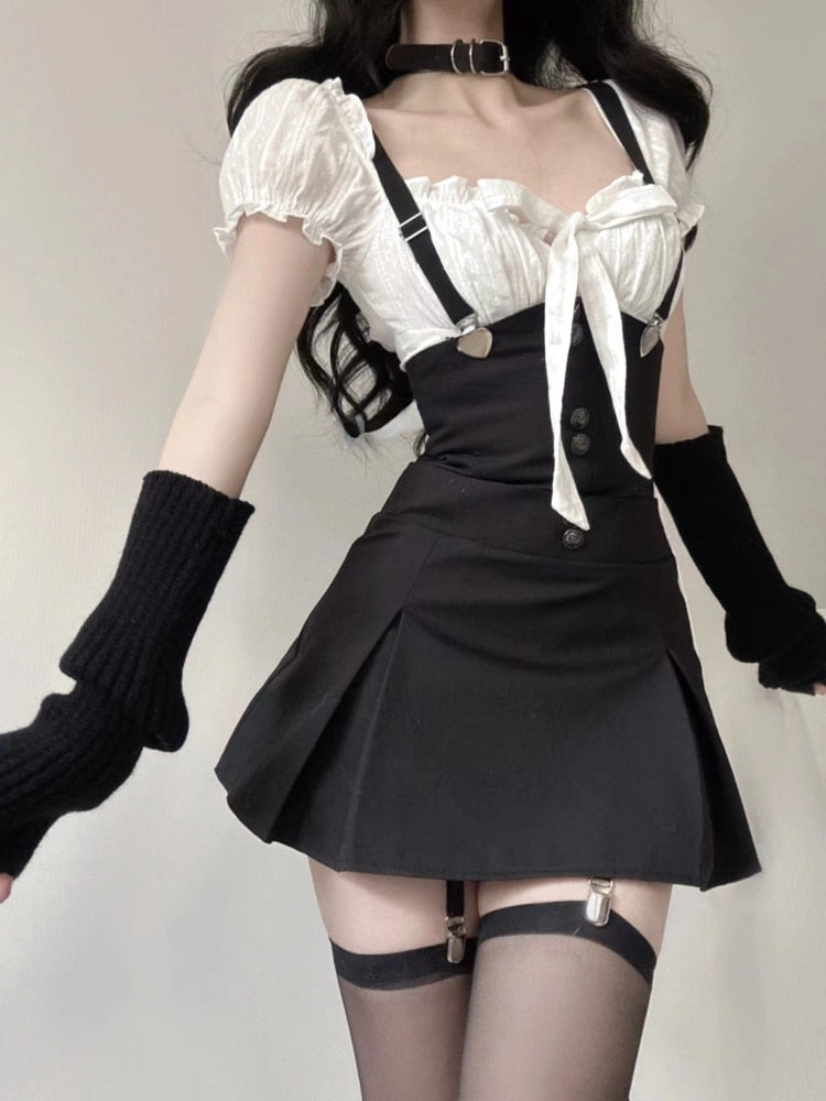 Korean Kpop Gothic Pinafore Mini Dress & Top Set - Y2K Fashion Coquette Aesthetic Outfit