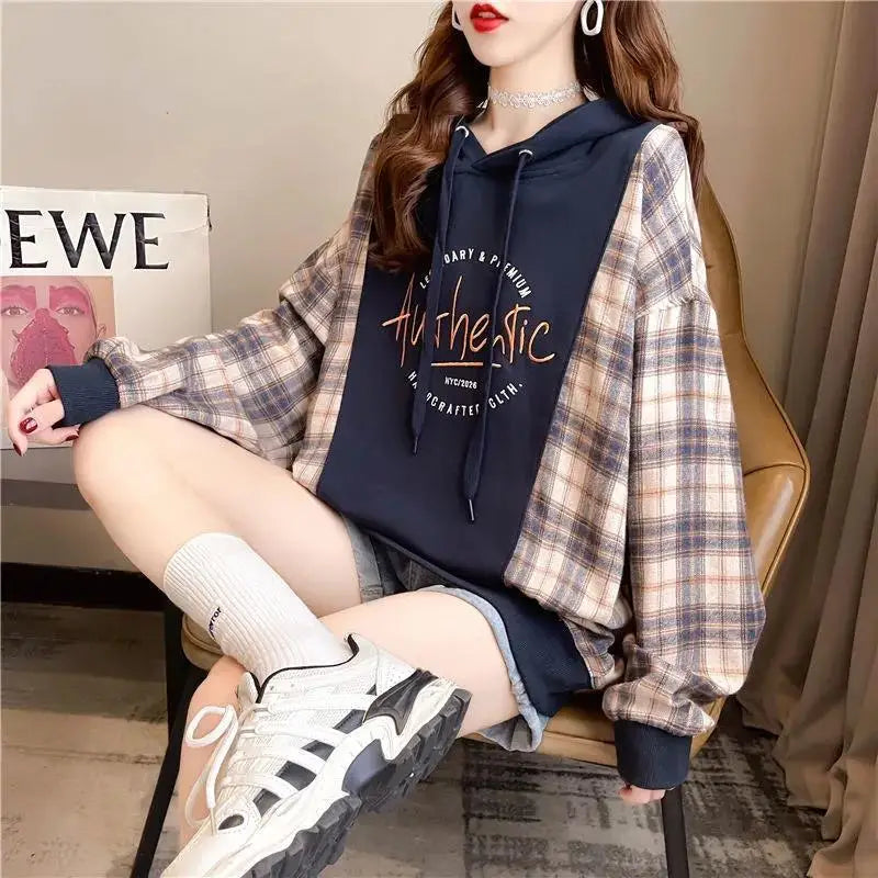 Korean Oversized Plaid Hoodie in Y2K Style for Cozy Grunge Aesthetic Outfits