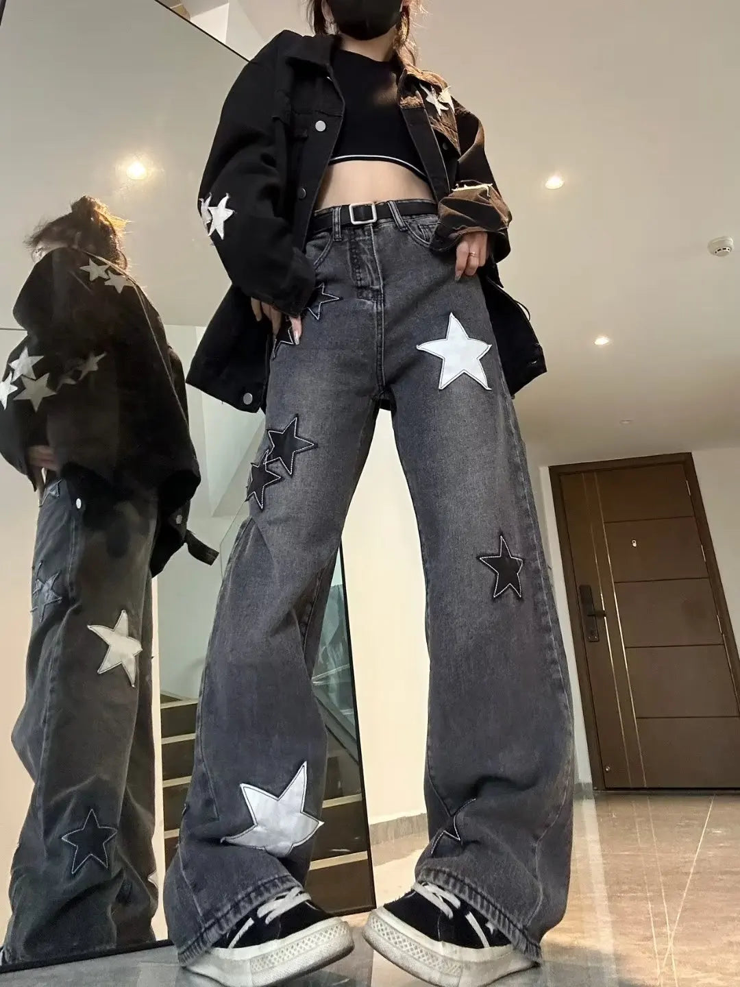 Korean Star Print Y2K Jeans for Trendy Aesthetic Outfits and Grunge Style Looks