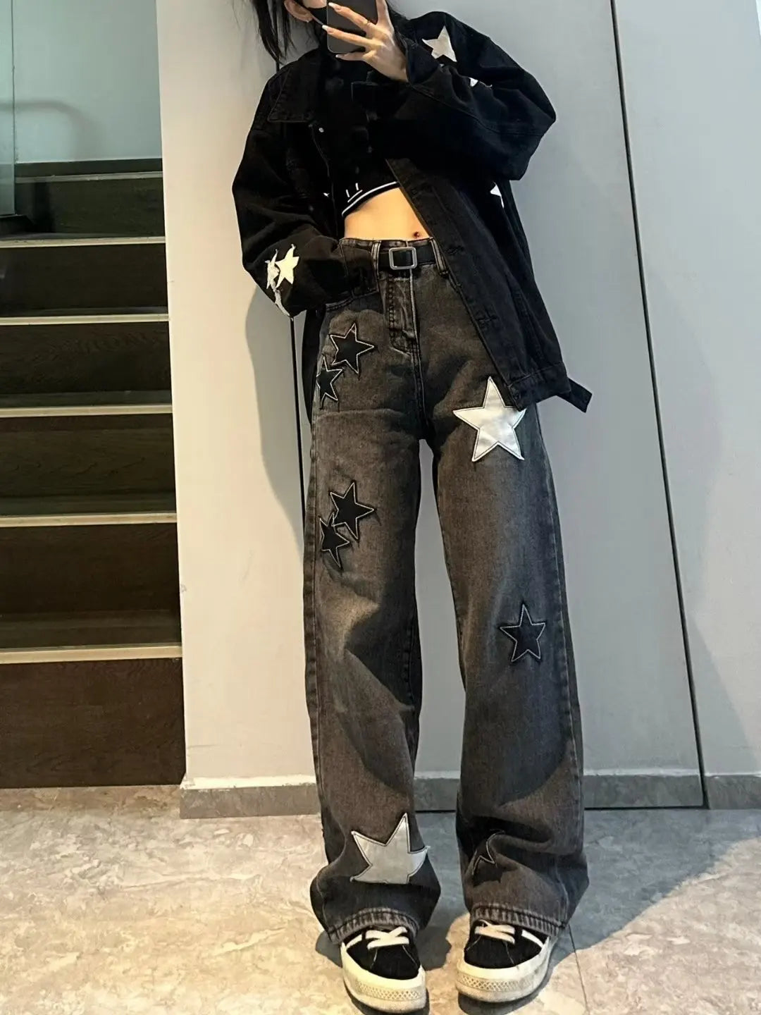 Korean Star Print Y2K Jeans for Trendy Aesthetic Outfits and Grunge Style Looks