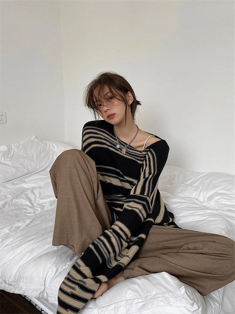 Korean Striped Long Sweater - Y2K Aesthetic Cozy Knit for Cute Layering and Fall Fashion