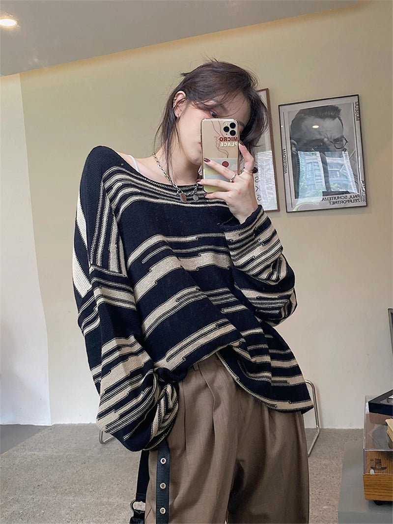 Korean Striped Long Sweater - Y2K Aesthetic Cozy Knit for Cute Layering and Fall Fashion