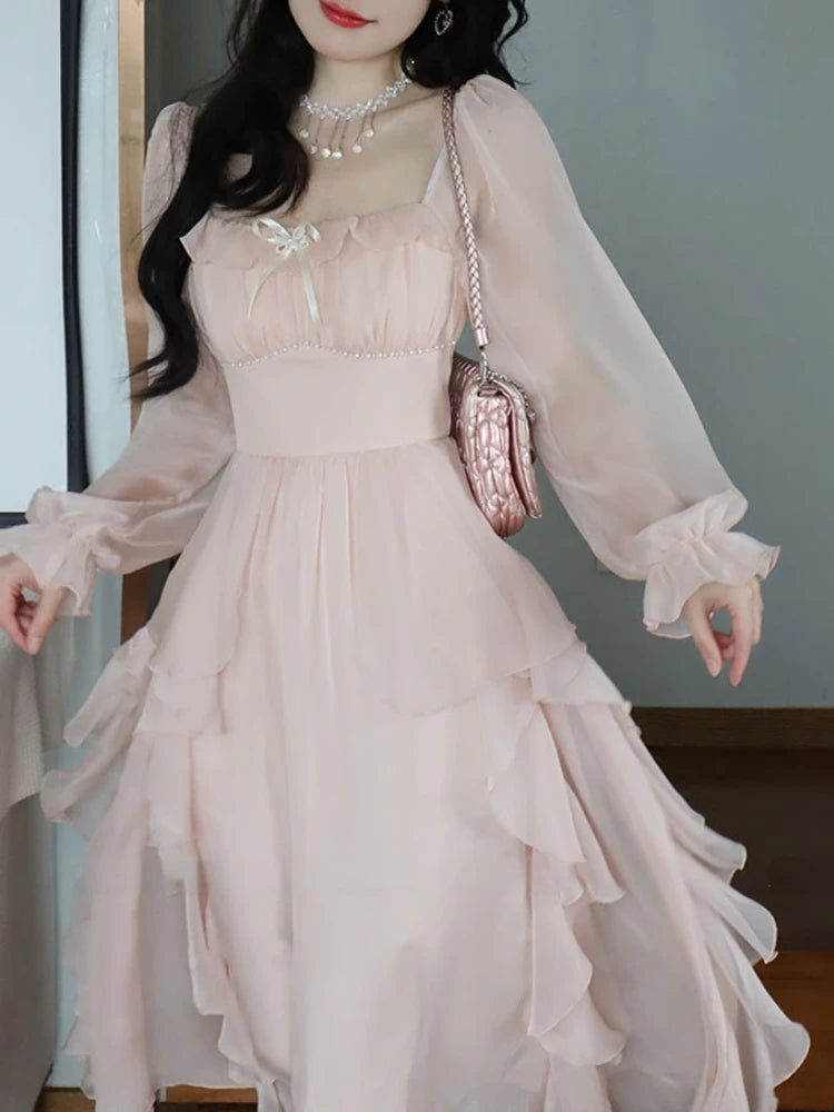 Korean Style Chiffon Dress - Y2K Aesthetic Cute Dress for Coquette and Soft Girl Looks