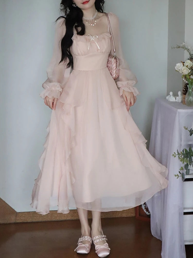 Korean Style Chiffon Dress - Y2K Aesthetic Cute Dress for Coquette and Soft Girl Looks