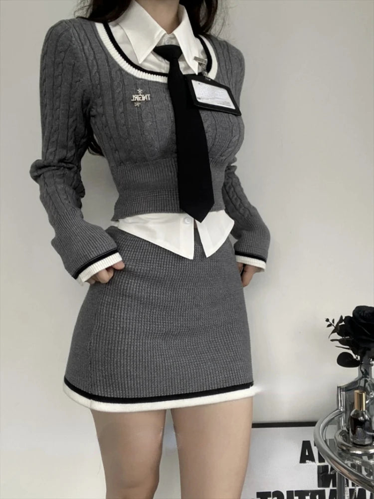 Korean Style Y2K Aesthetic Outfit Set - Cute Top, Shirt & Cargo Skirt Combo