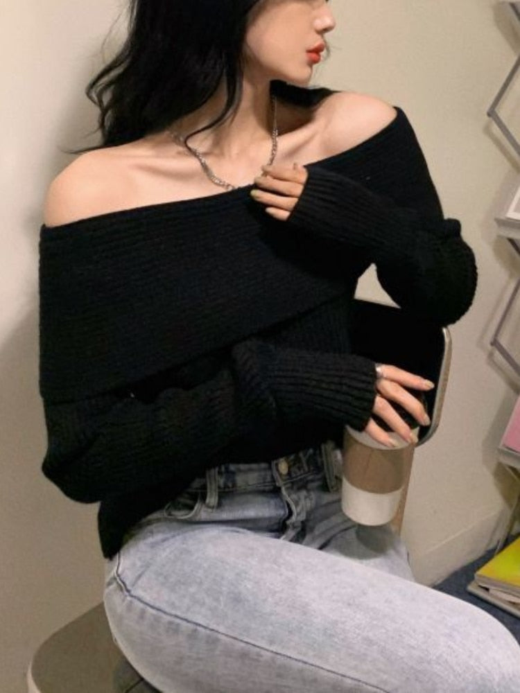 Korean Y2K Aesthetic Off Shoulder Sweater - Trendy Coquette Style for Effortless Chic