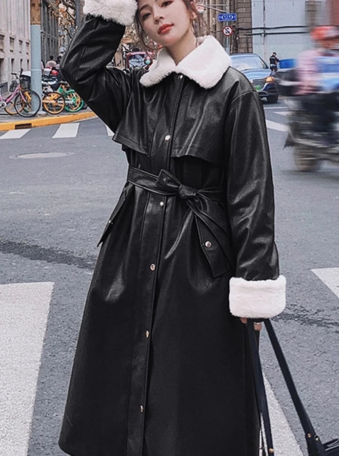 Korean Y2K Faux Leather Trench Coat for Chic Grunge and Coquette Aesthetic Outfits