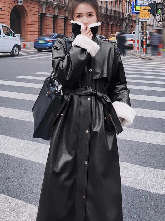 Korean Y2K Faux Leather Trench Coat for Chic Grunge and Coquette Aesthetic Outfits