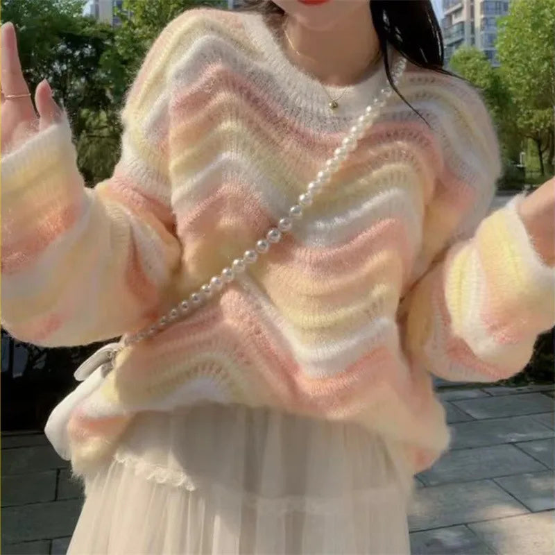 Korean Y2K Rainbow Knit Sweater - Cute Pastel Aesthetic Top for Cozy Outfits