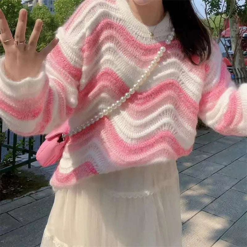 Korean Y2K Rainbow Knit Sweater - Cute Pastel Aesthetic Top for Cozy Outfits