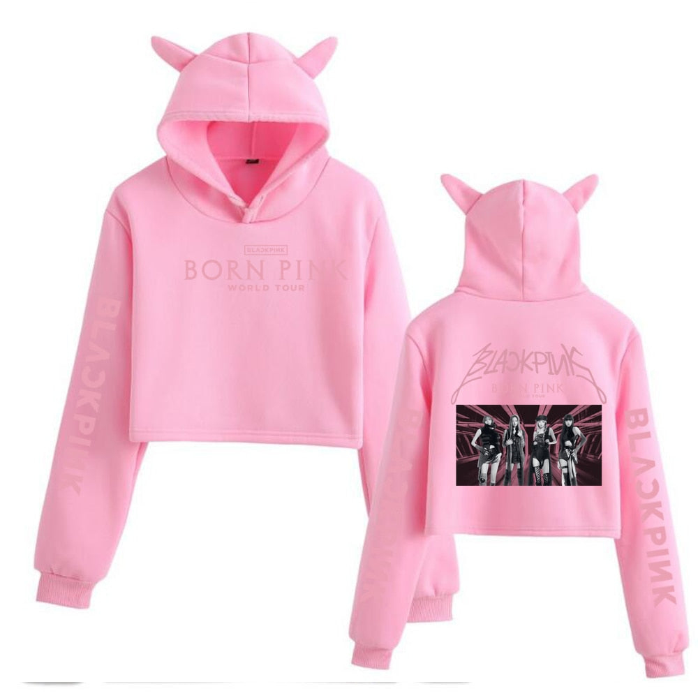 Kpop Y2K Fashion Blackpink Born Pink Cropped Hoodie - Trendy Coquette Aesthetic Top