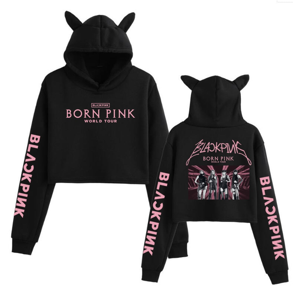 Kpop Y2K Fashion Blackpink Born Pink Cropped Hoodie - Trendy Coquette Aesthetic Top