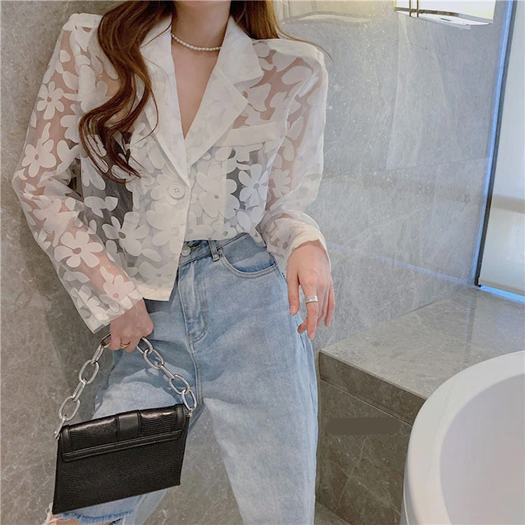 Lace Floral Long Sleeve Jacket - Y2K Aesthetic Layering Piece for Cute Outfits