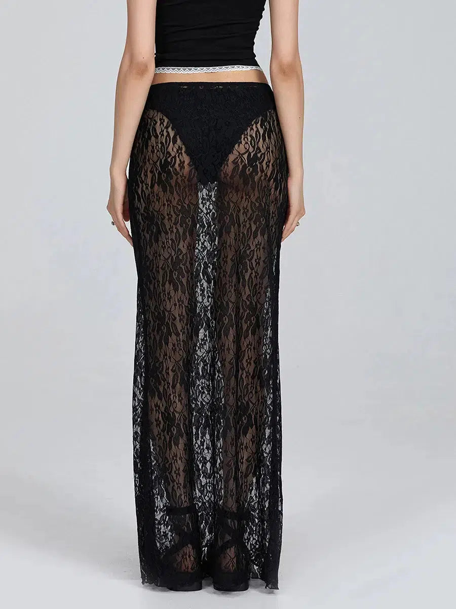 Lace Sheer Low Rise Maxi Skirt for Y2K Aesthetic and Coquette Style Outfits