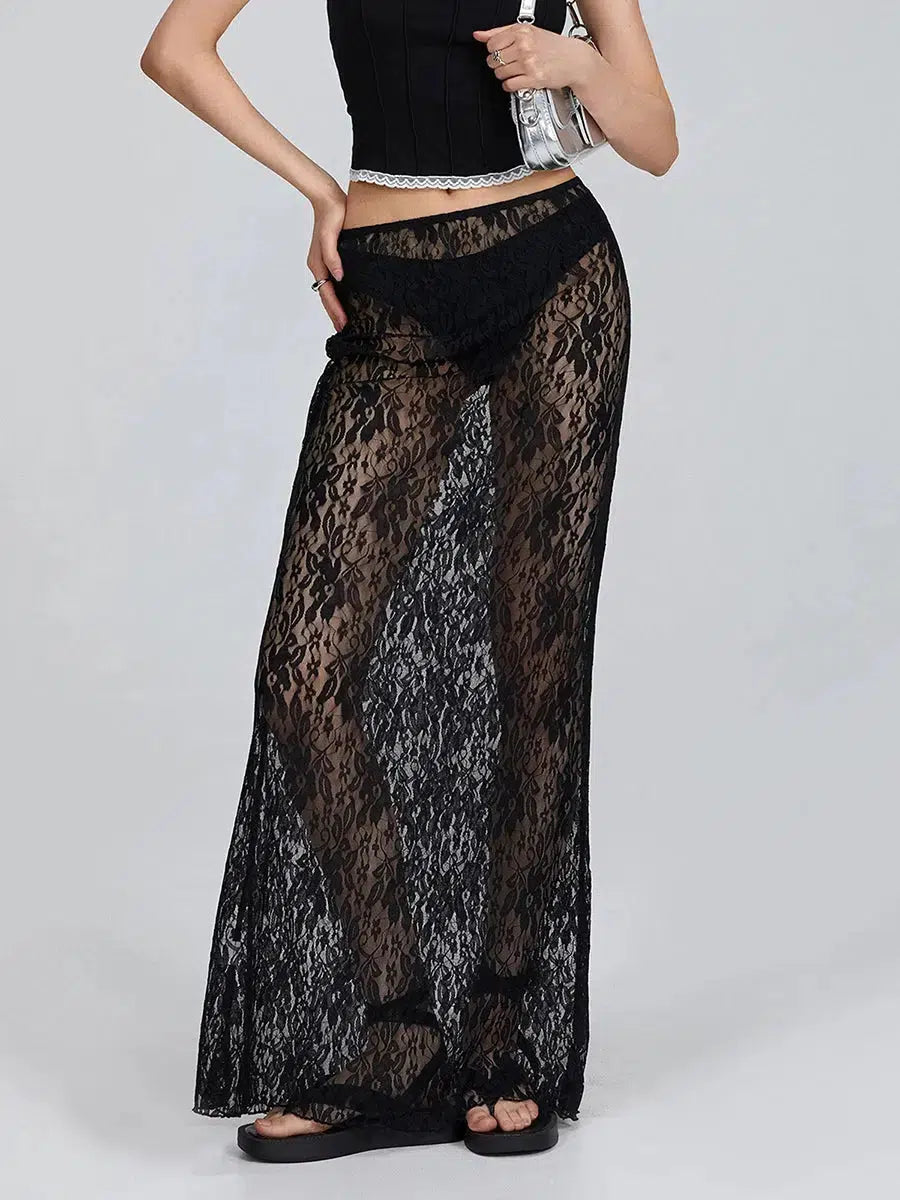 Lace Sheer Low Rise Maxi Skirt for Y2K Aesthetic and Coquette Style Outfits