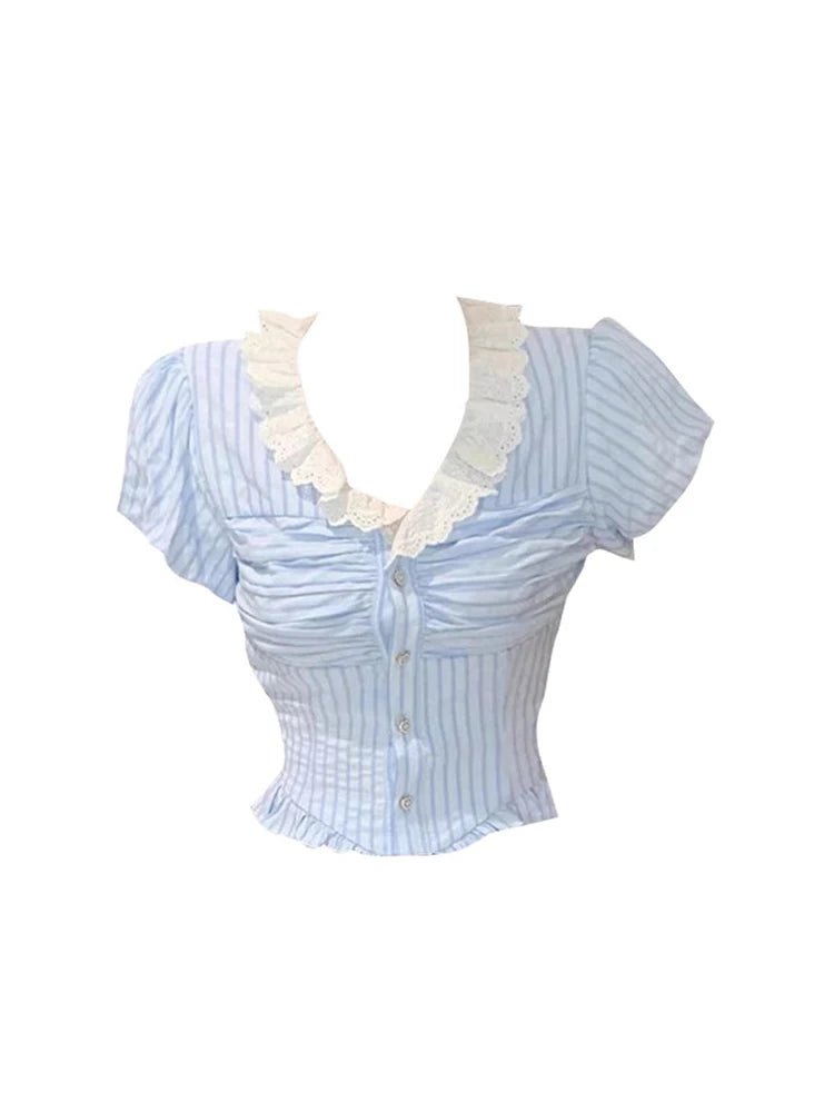 Lace-Trimmed Striped Button-Up Blouse for Y2K Fashion and Coquette Aesthetic Outfits