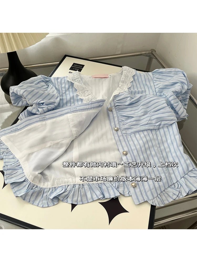 Lace-Trimmed Striped Button-Up Blouse for Y2K Fashion and Coquette Aesthetic Outfits