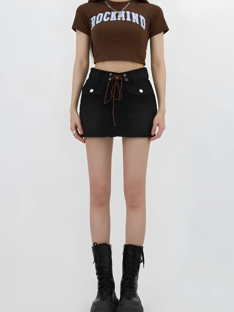 Lace Up Belted Denim Mini Skort - Y2K Aesthetic Cargo Skirt for Trendy Outfits