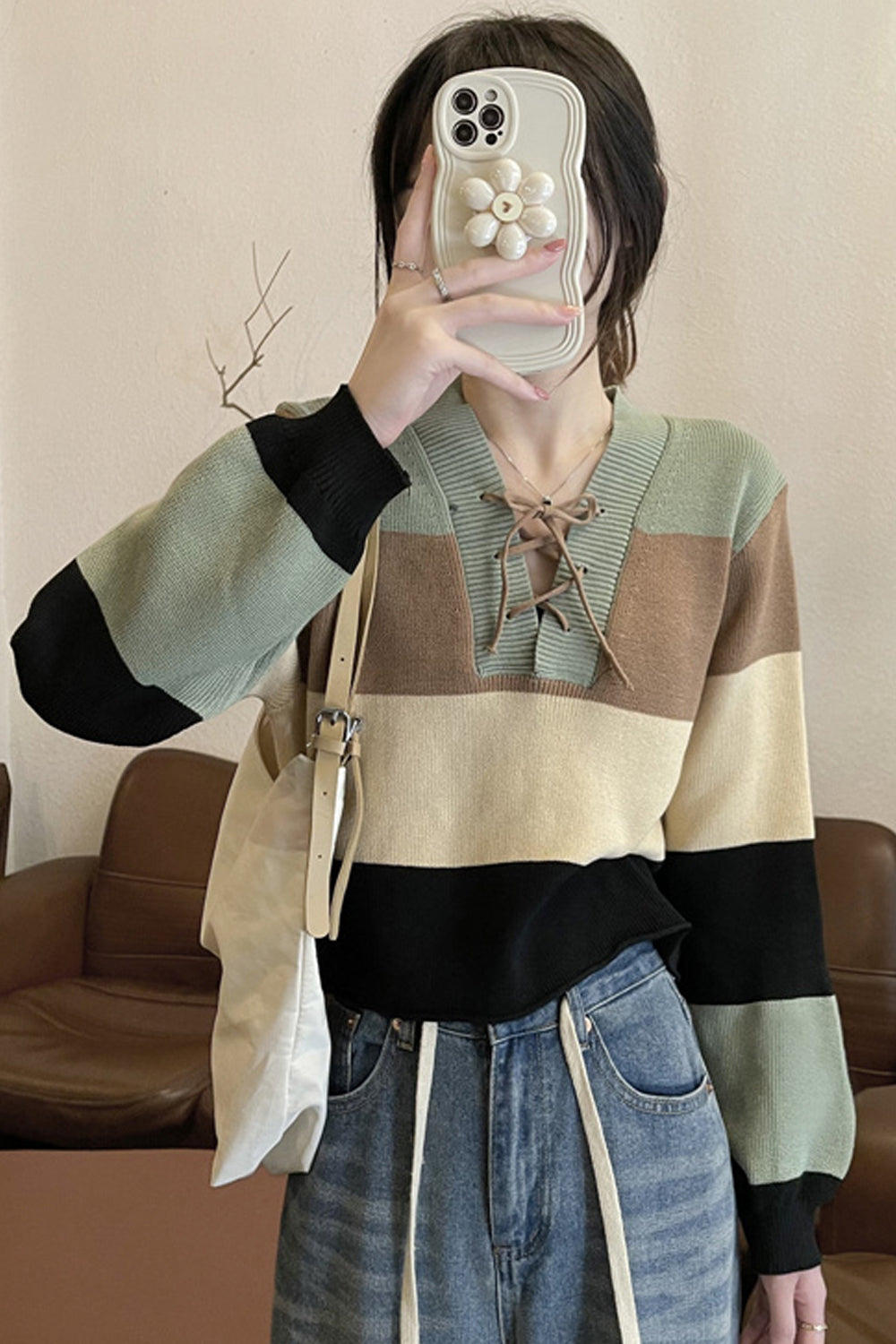 Lace-Up Striped Knit Sweater in Y2K Aesthetic for Cozy and Cute Fall Outfits