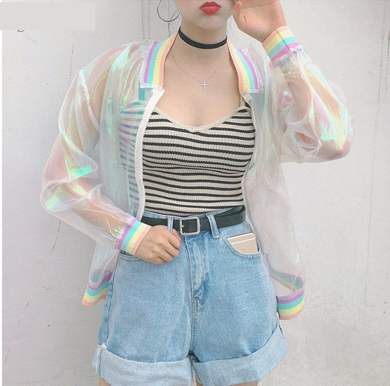 Laser Rainbow Symphony Hologram Transparent Jacket - Y2K Aesthetic Outerwear