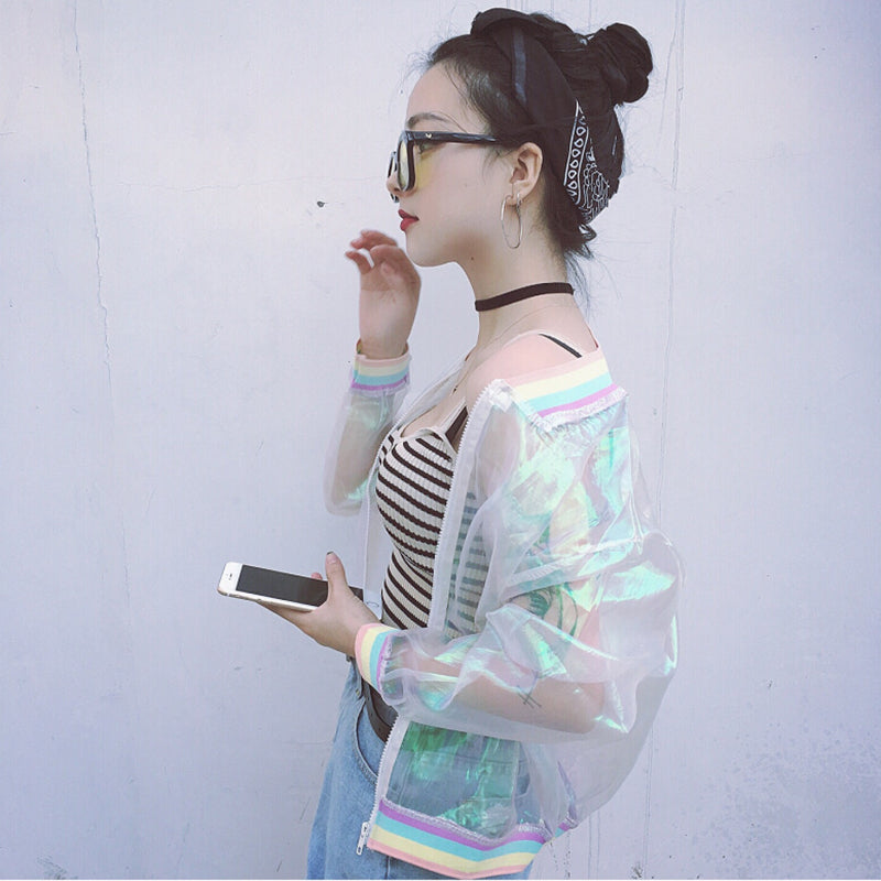 Laser Rainbow Symphony Hologram Transparent Jacket - Y2K Aesthetic Outerwear