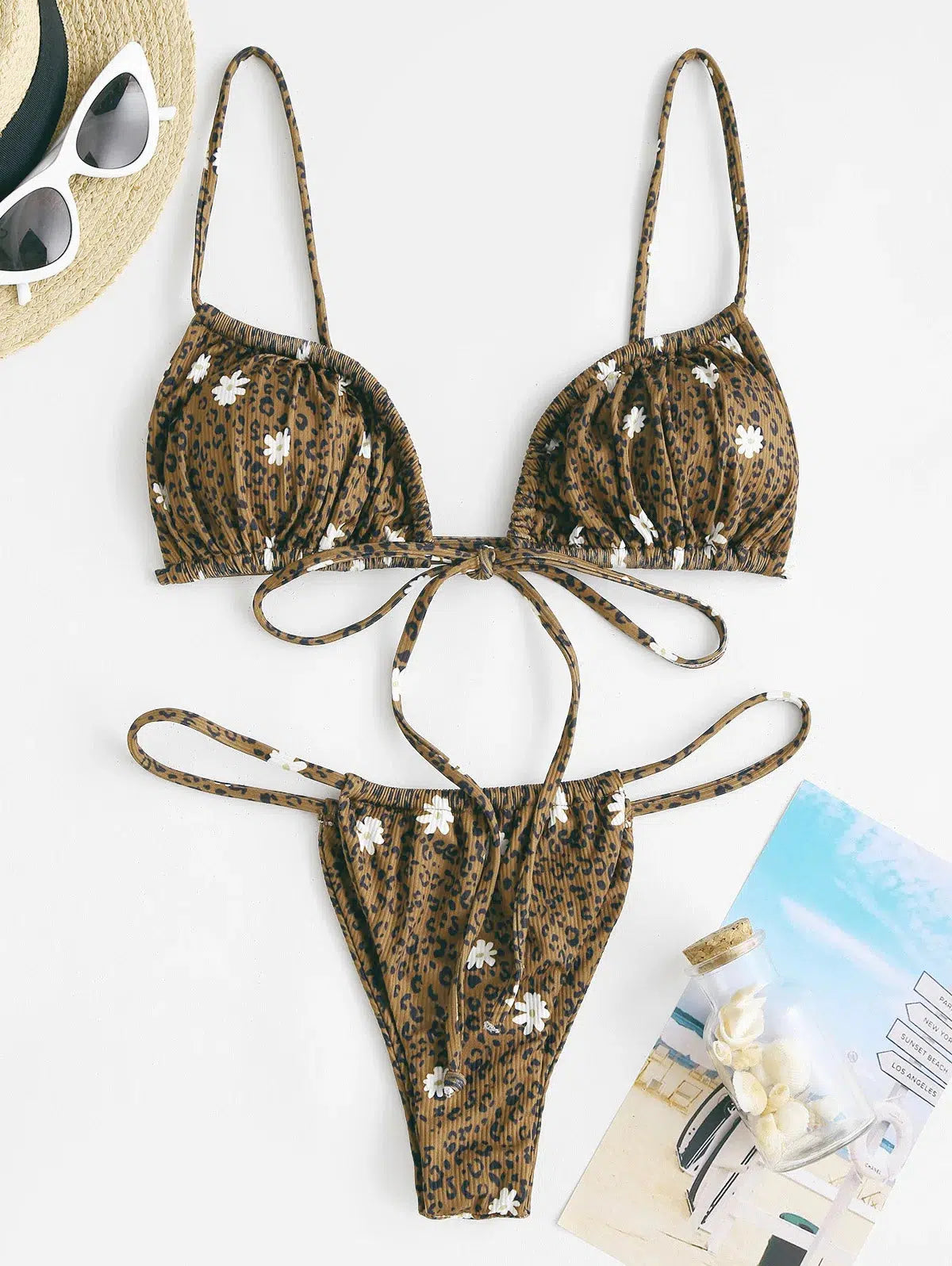 Leopard Daisy Y2K Drawstring Bikini Set for Trendy Summer Aesthetic