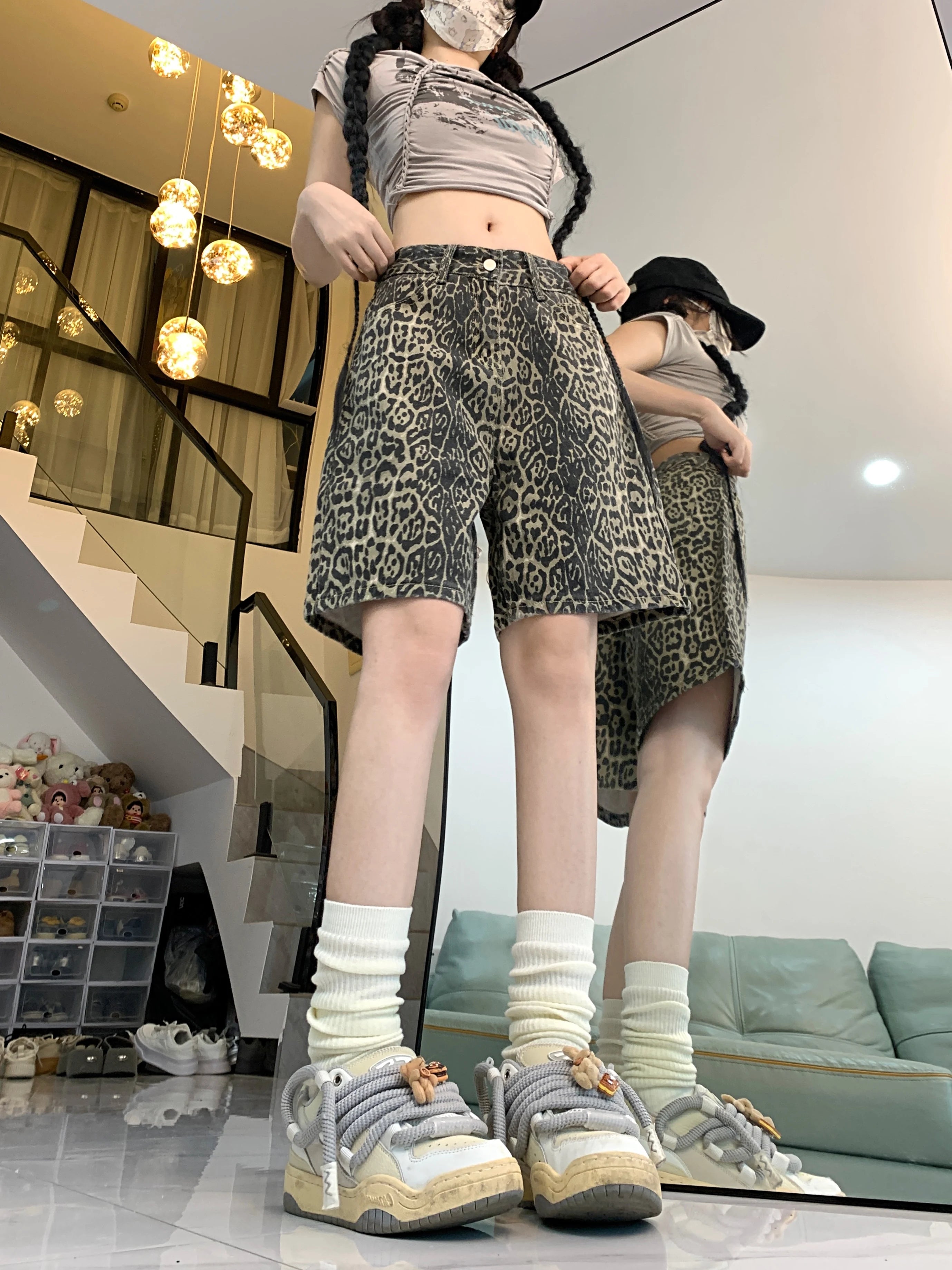 Leopard Print Denim Shorts for Y2K Aesthetic Outfits and Grunge Style Looks