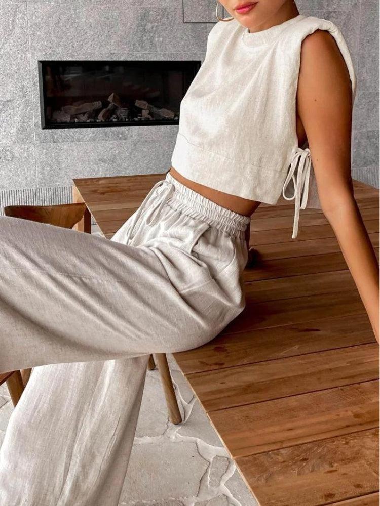 Linen Lace Up Crop Top & Pants Set - Y2K Aesthetic Two Piece Outfit for Trendy Looks