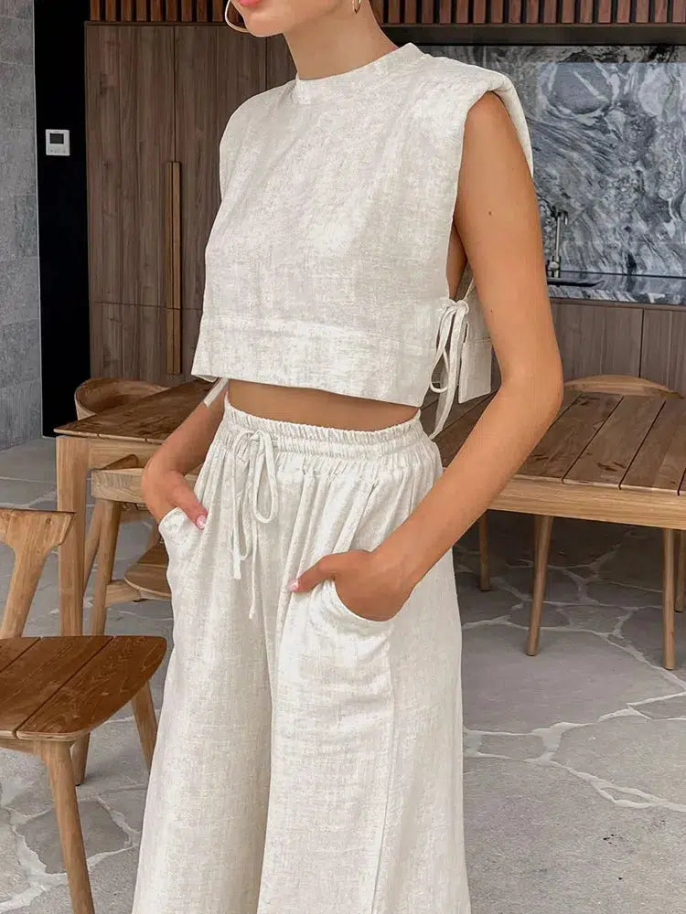 Linen Lace Up Crop Top & Pants Set - Y2K Aesthetic Two Piece Outfit for Trendy Looks