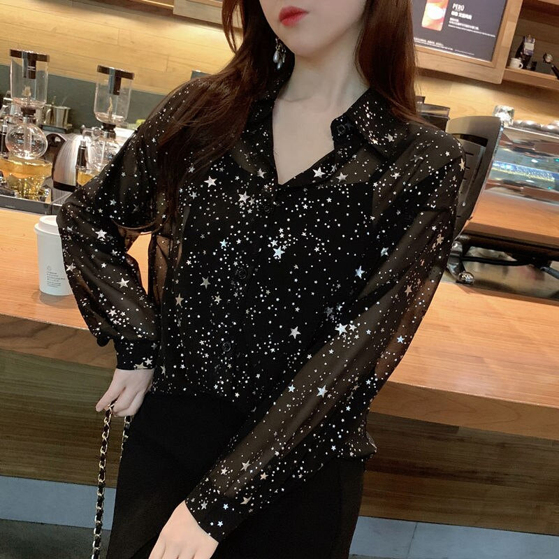 Long Sleeve Chiffon Blouse with Star Print - Y2K Aesthetic Cute Top for Stylish Outfits