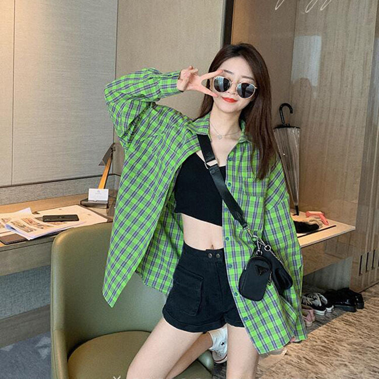 Long Sleeve Green Plaid Y2K Casual Shirt - Trendy Coquette Aesthetic Top for Effortless Style