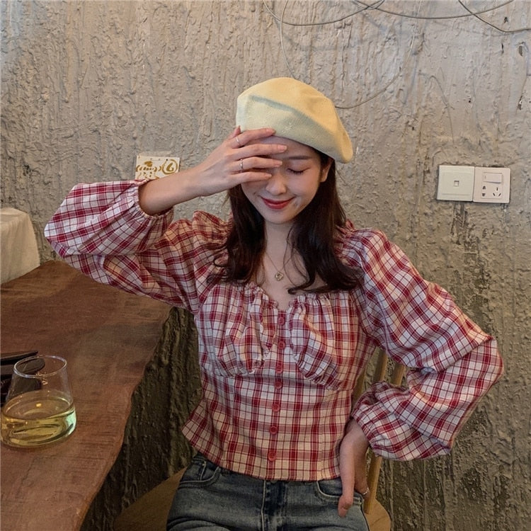 Long Sleeve Square Collar Ruffled Cropped Blouse in Plaid - Y2K Fashion Essential